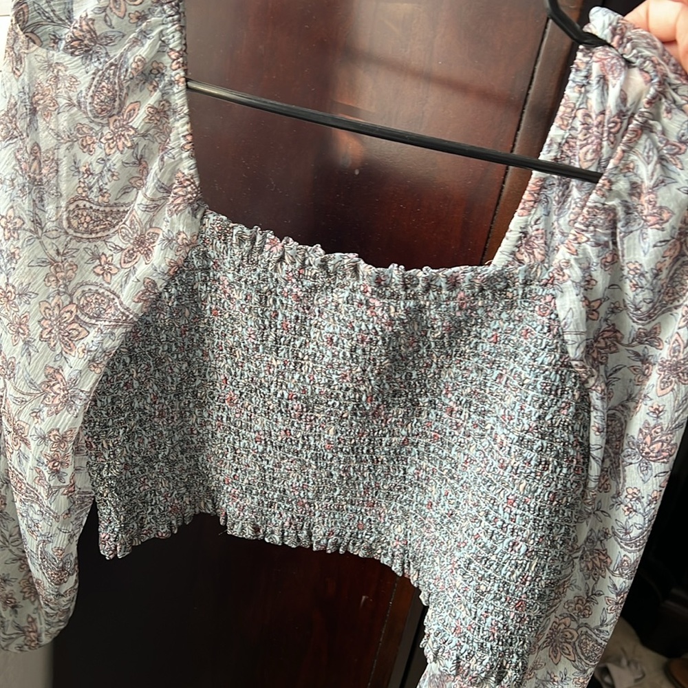 American Eagle Outfitters Gray and Tan Smocked Crop Blouse